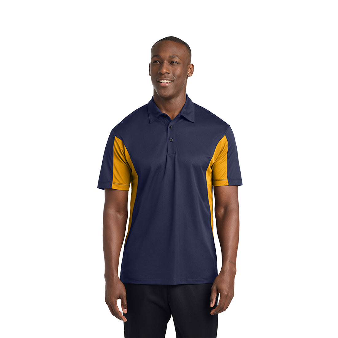 Man wearing a navy and gold polo shirt on a white background