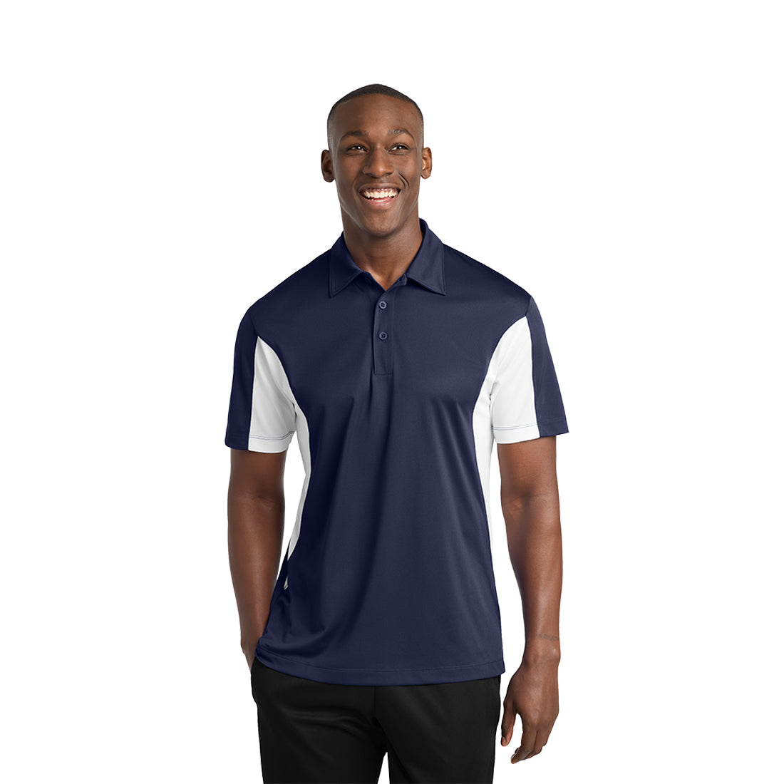 Man wearing a navy and white polo shirt on a white background