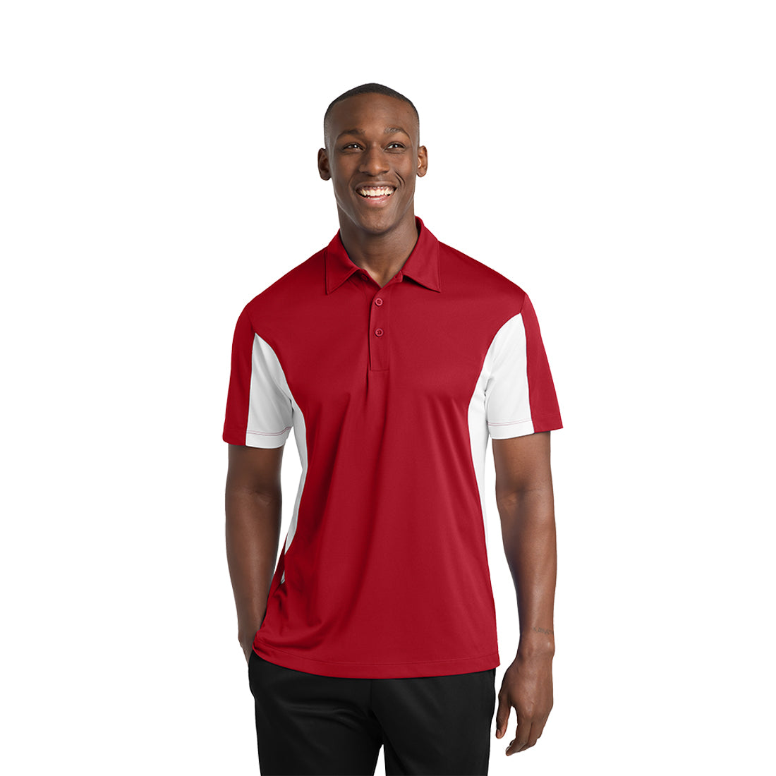 Man wearing a red and white polo shirt on a white background