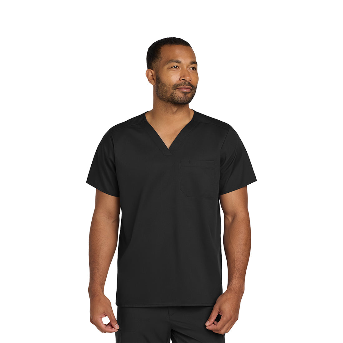 Man wearing a black scrub set on a white background