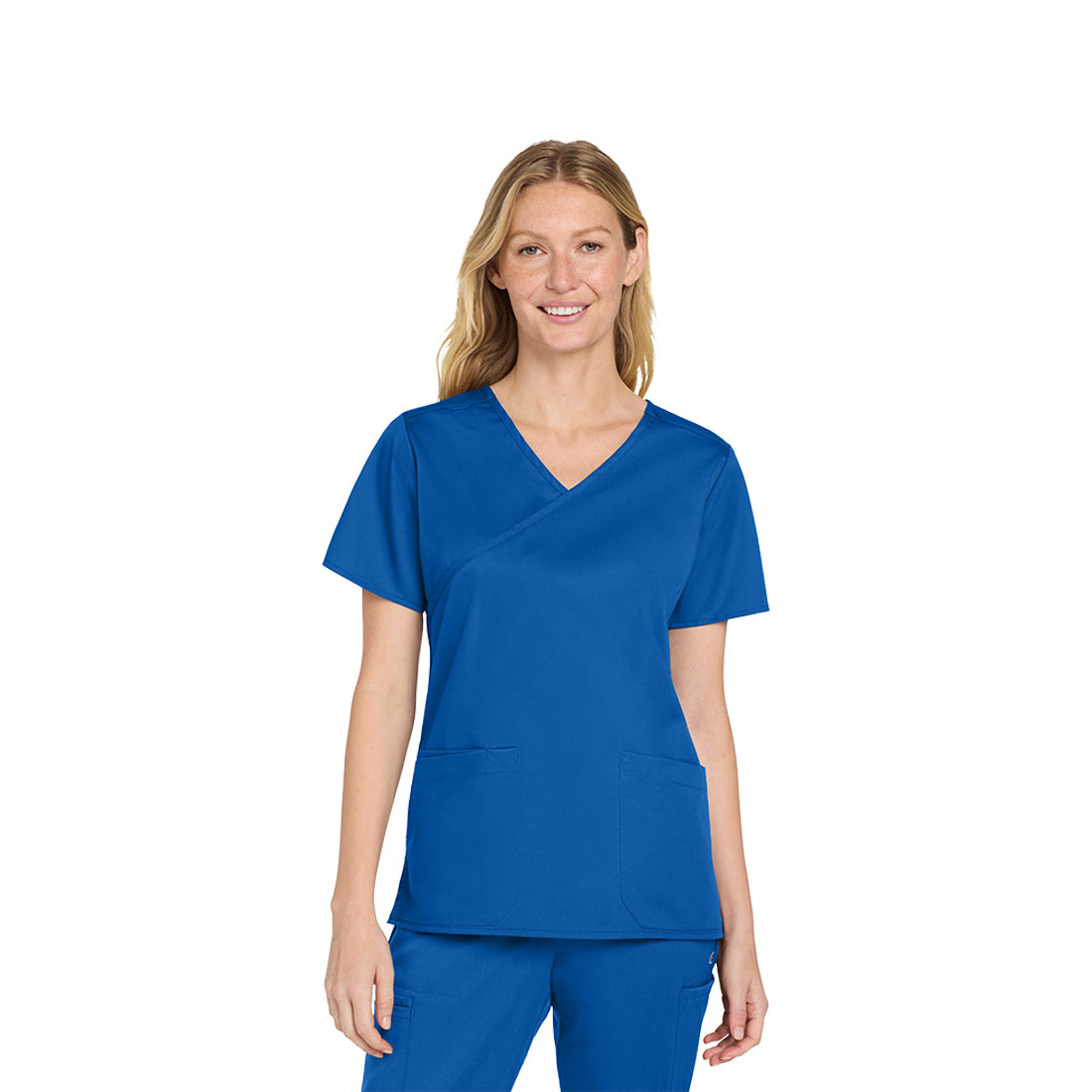 Woman wearing a blue scrub set on a white background