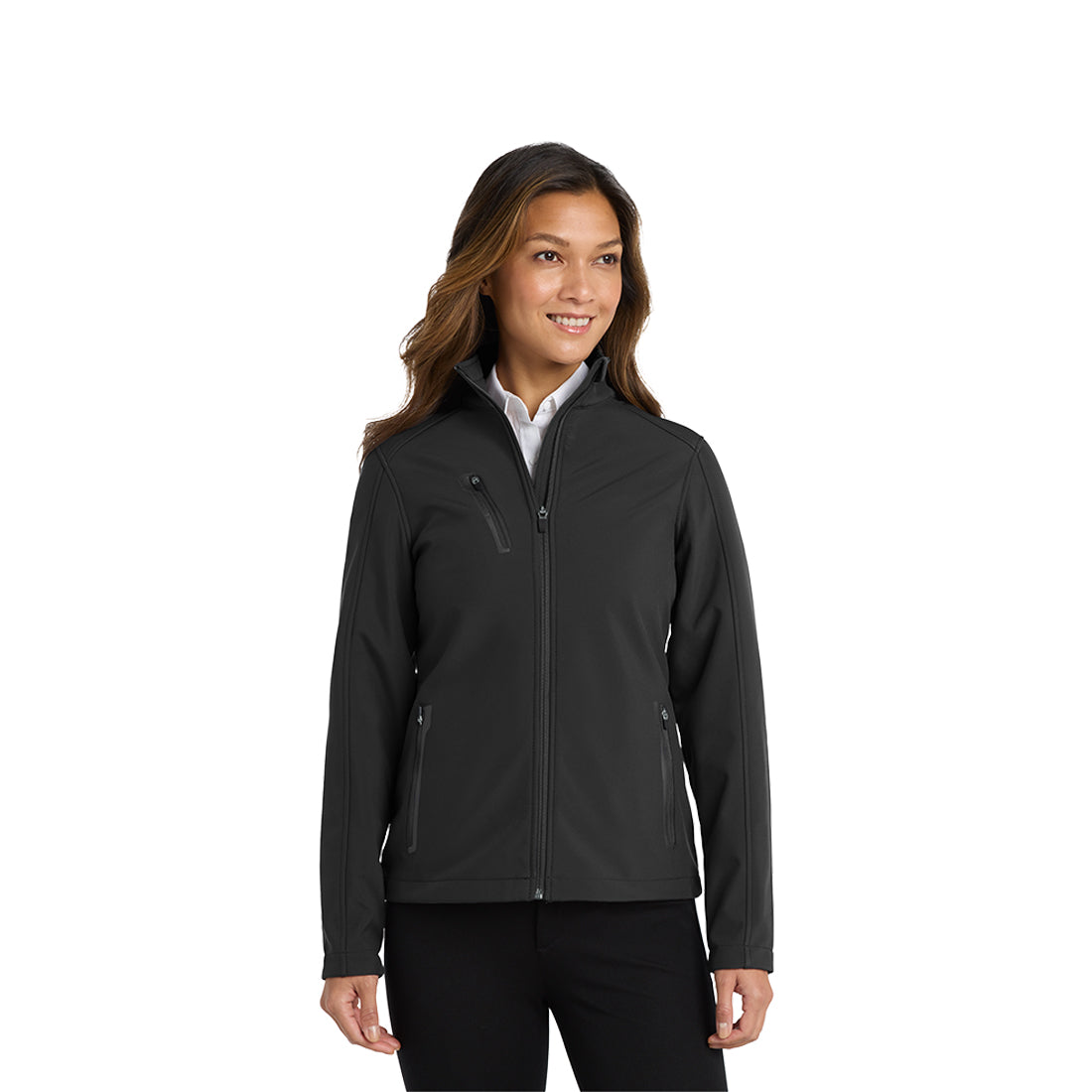 Woman wearing a black jacket on a white background