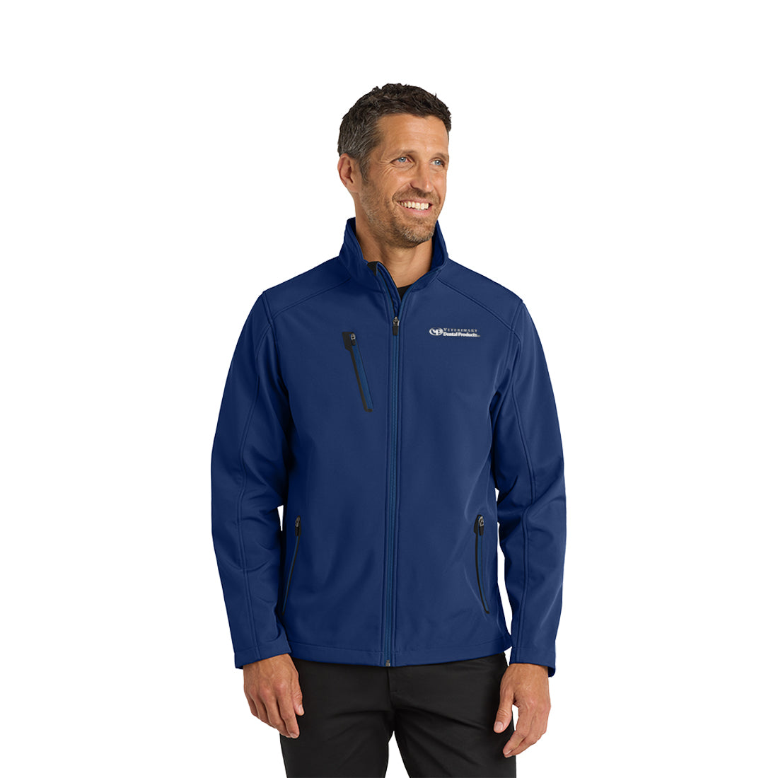 Man wearing a blue jacket with a logo on a white background